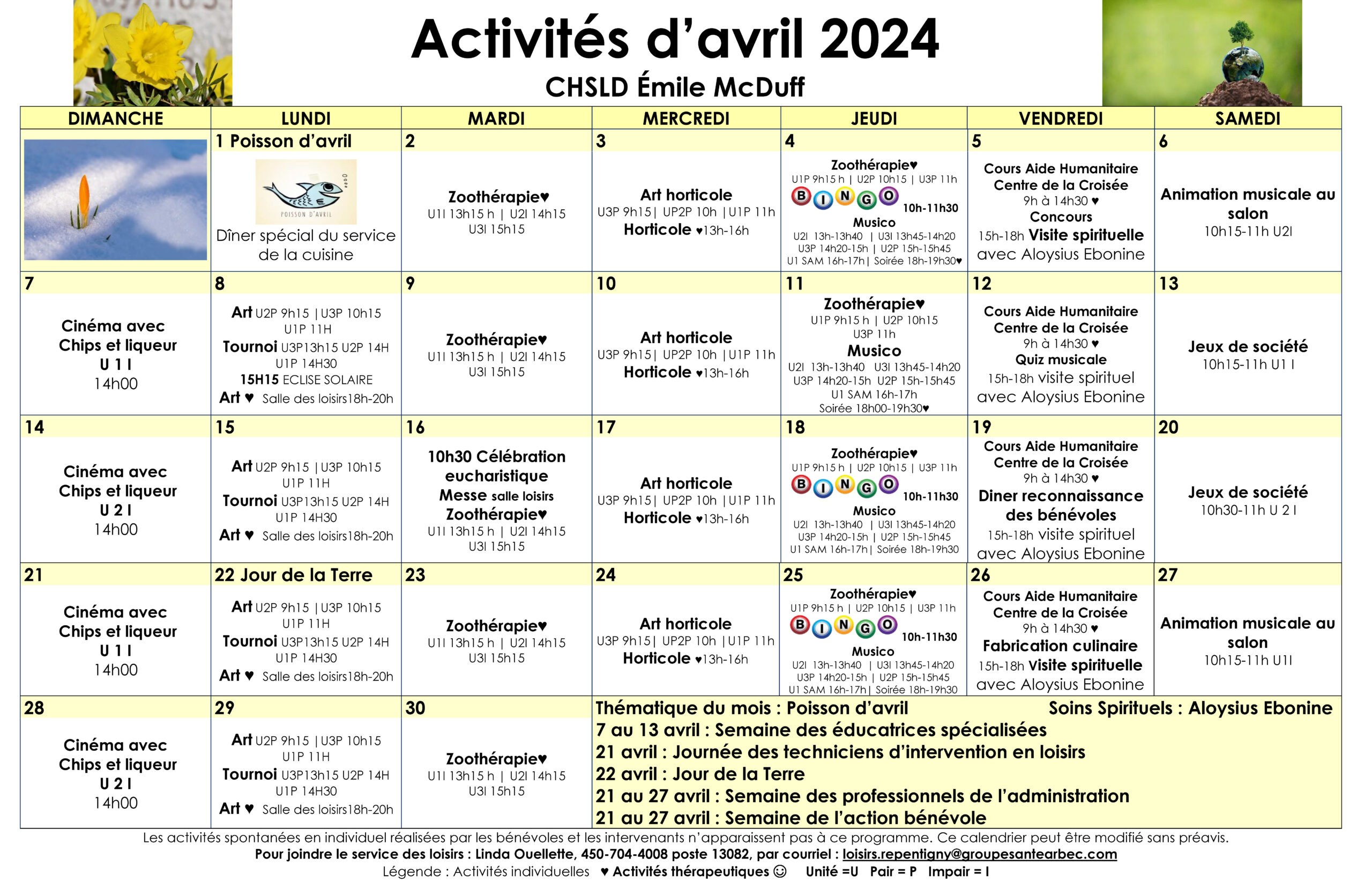 Calendrier des loisirs du mois d'avril 2024 pour les résidents du CHSLD Émile McDuff