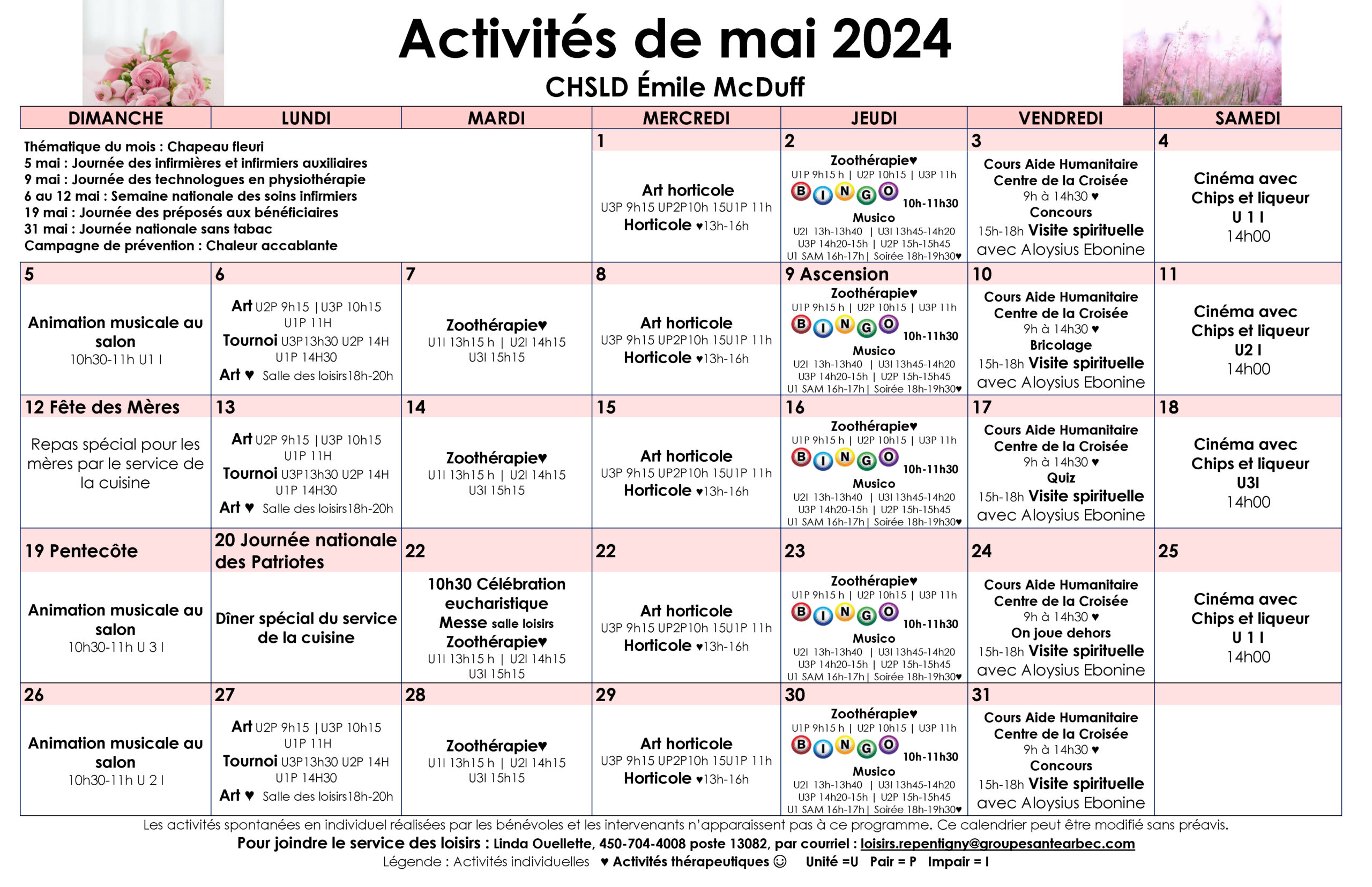 Calendrier des loisirs du mois de mai 2024 pour les résidents du CHSLD Émile McDuff