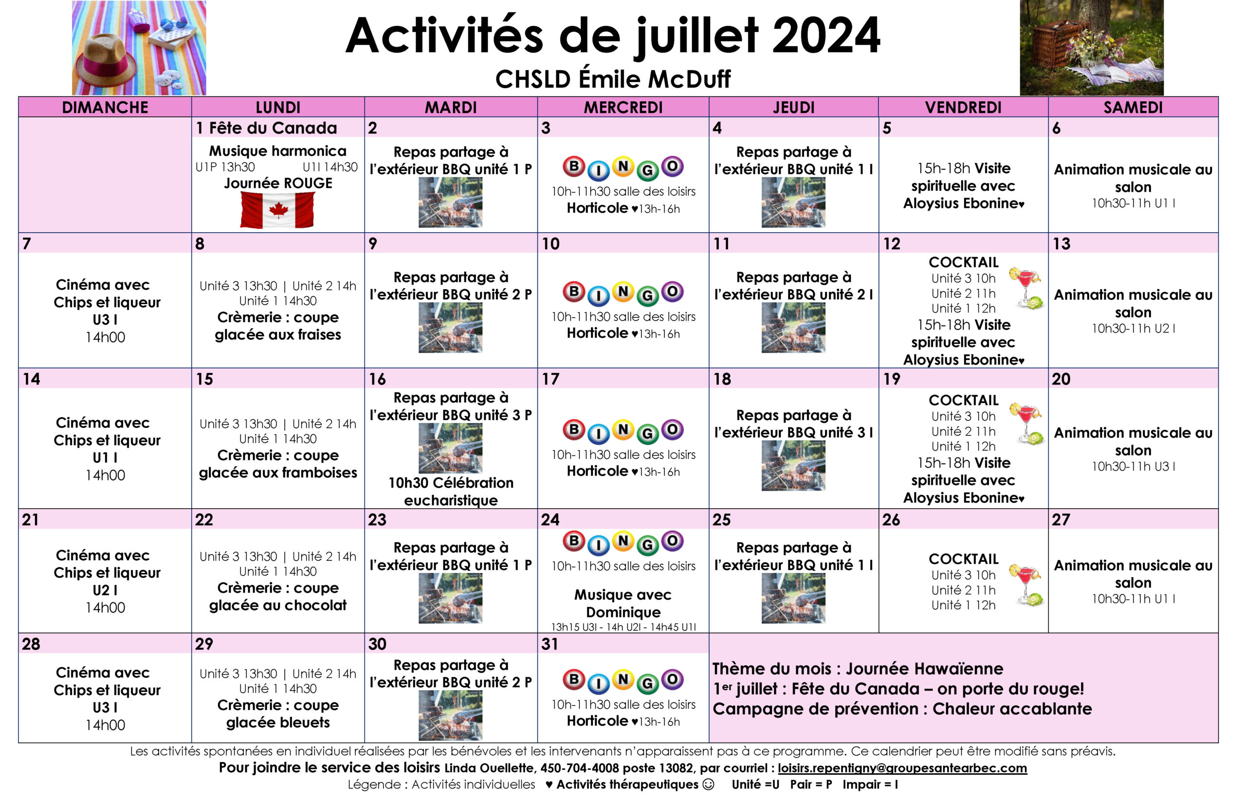 Calendrier des loisirs du mois de juillet 2024 pour les résidents du CHSLD Émile McDuff