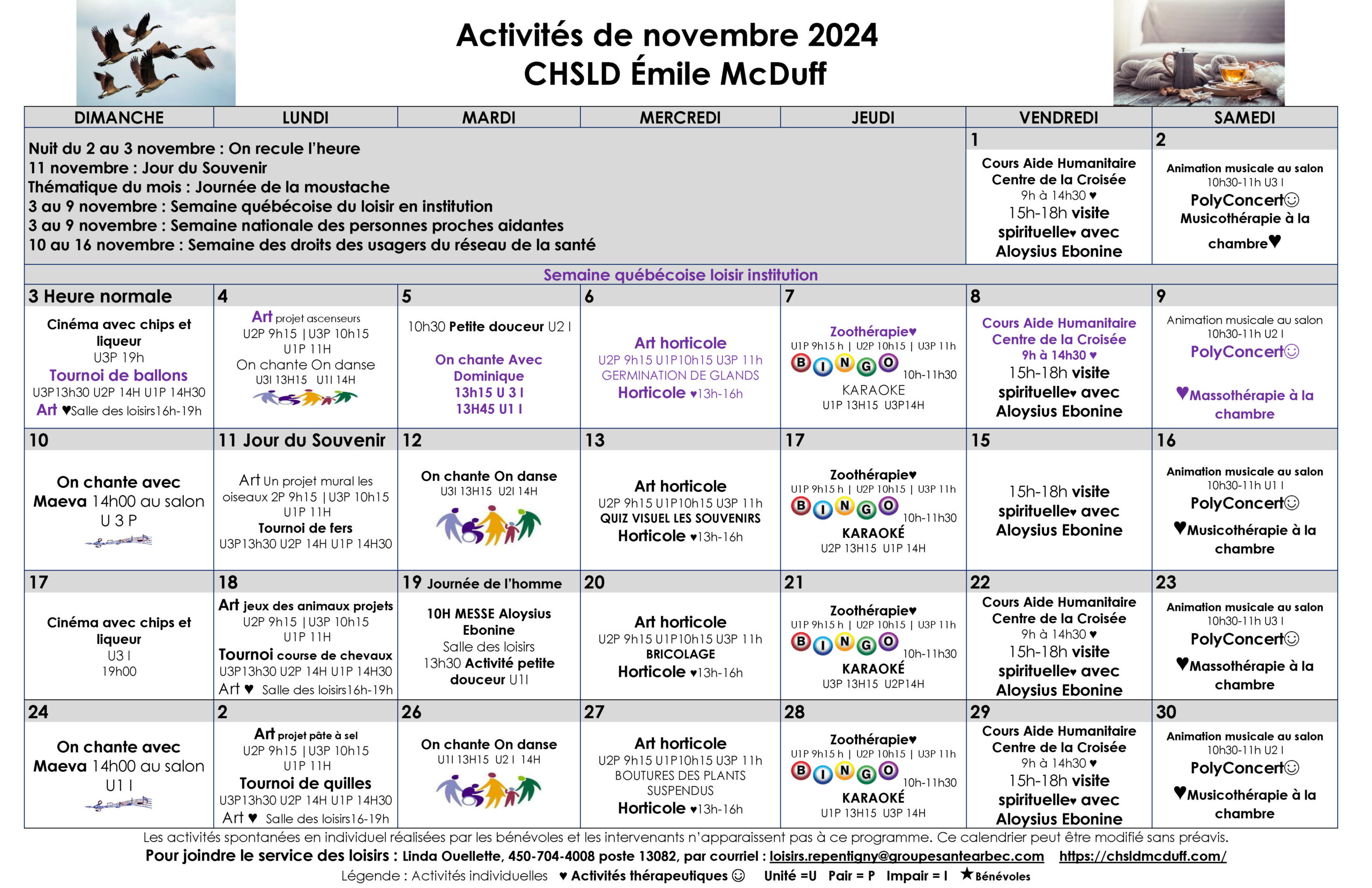 Calendrier des loisirs du mois de novembre 2024 pour les résidents du CHSLD Émile McDuff