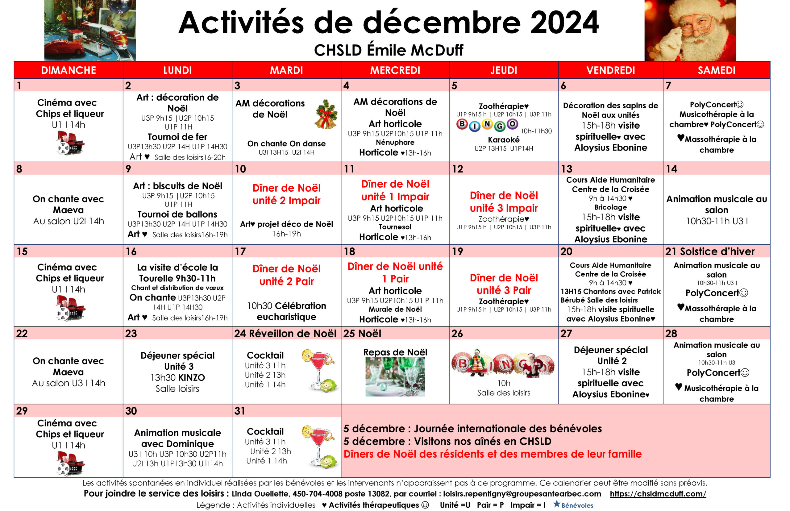 Calendrier des loisirs du mois de décembre 2024 pour les résidents du CHSLD Émile McDuff