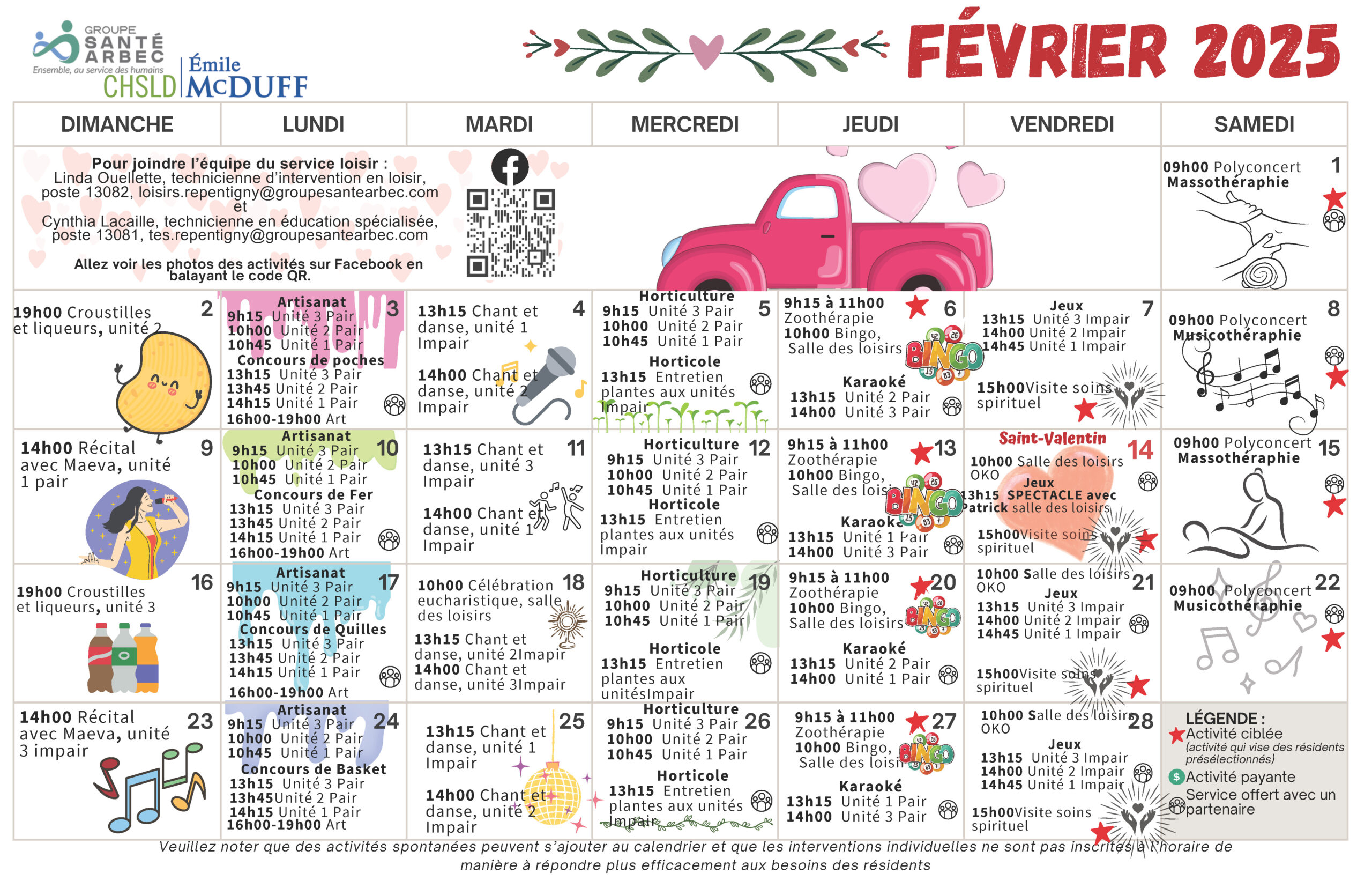 Activités des loisirs du mois de février 2025 pour les résidents du CHSLD Émile McDuff