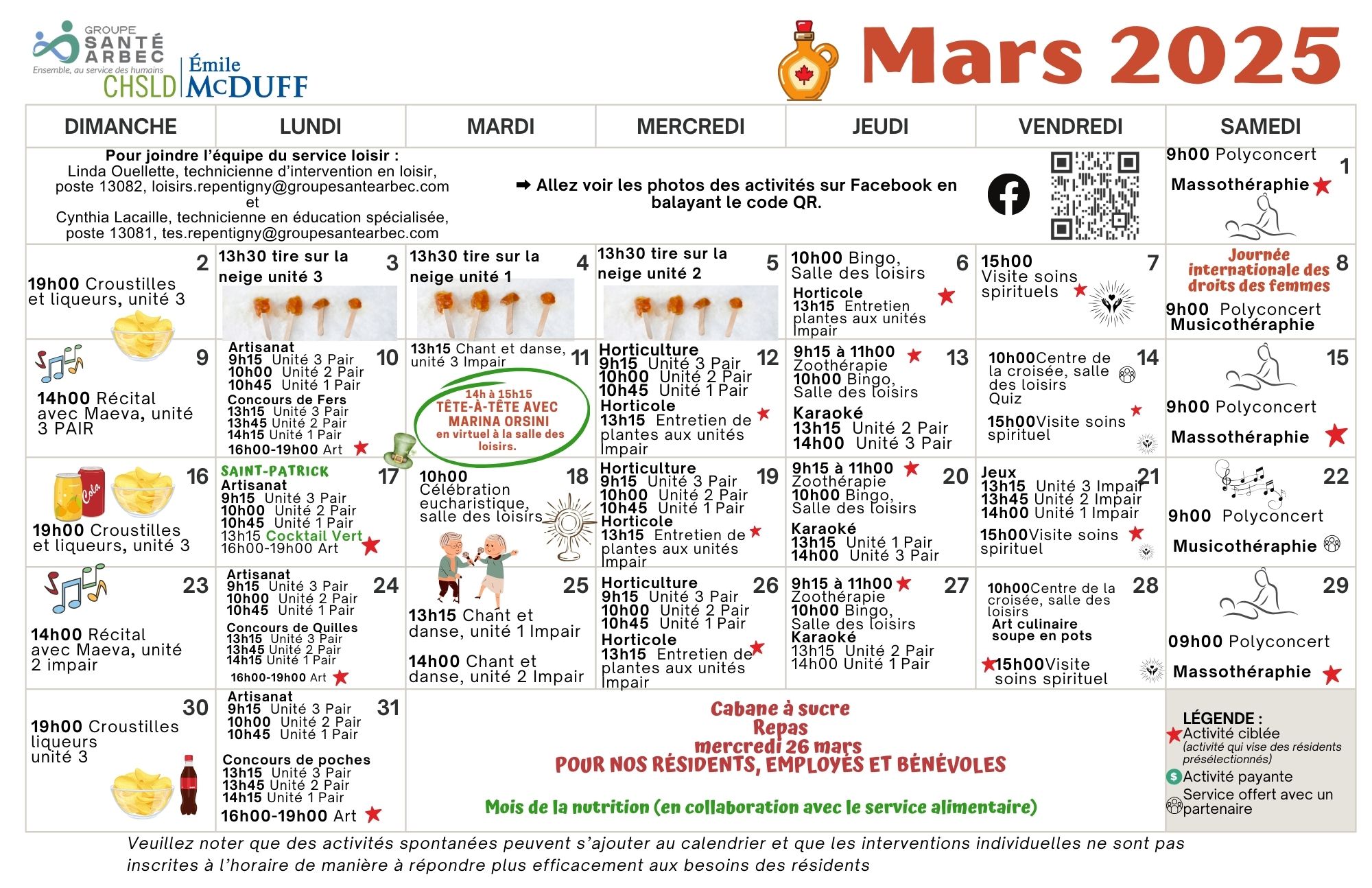 Activités des loisirs du mois de mars 2025 pour les résidents du CHSLD Émile McDuff