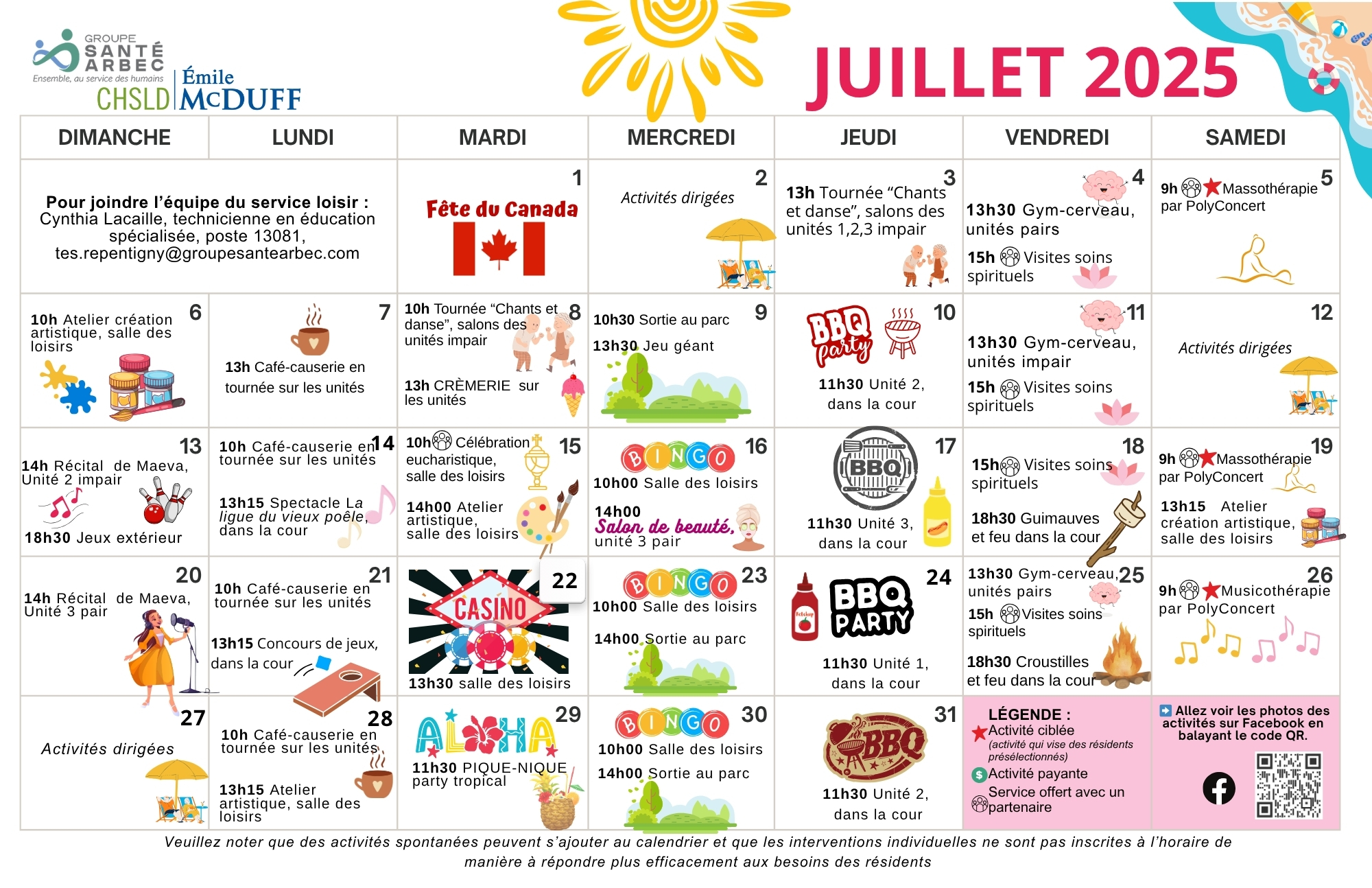 Activités des loisirs du mois de juillet 2025 pour les résidents du CHSLD Émile McDuff