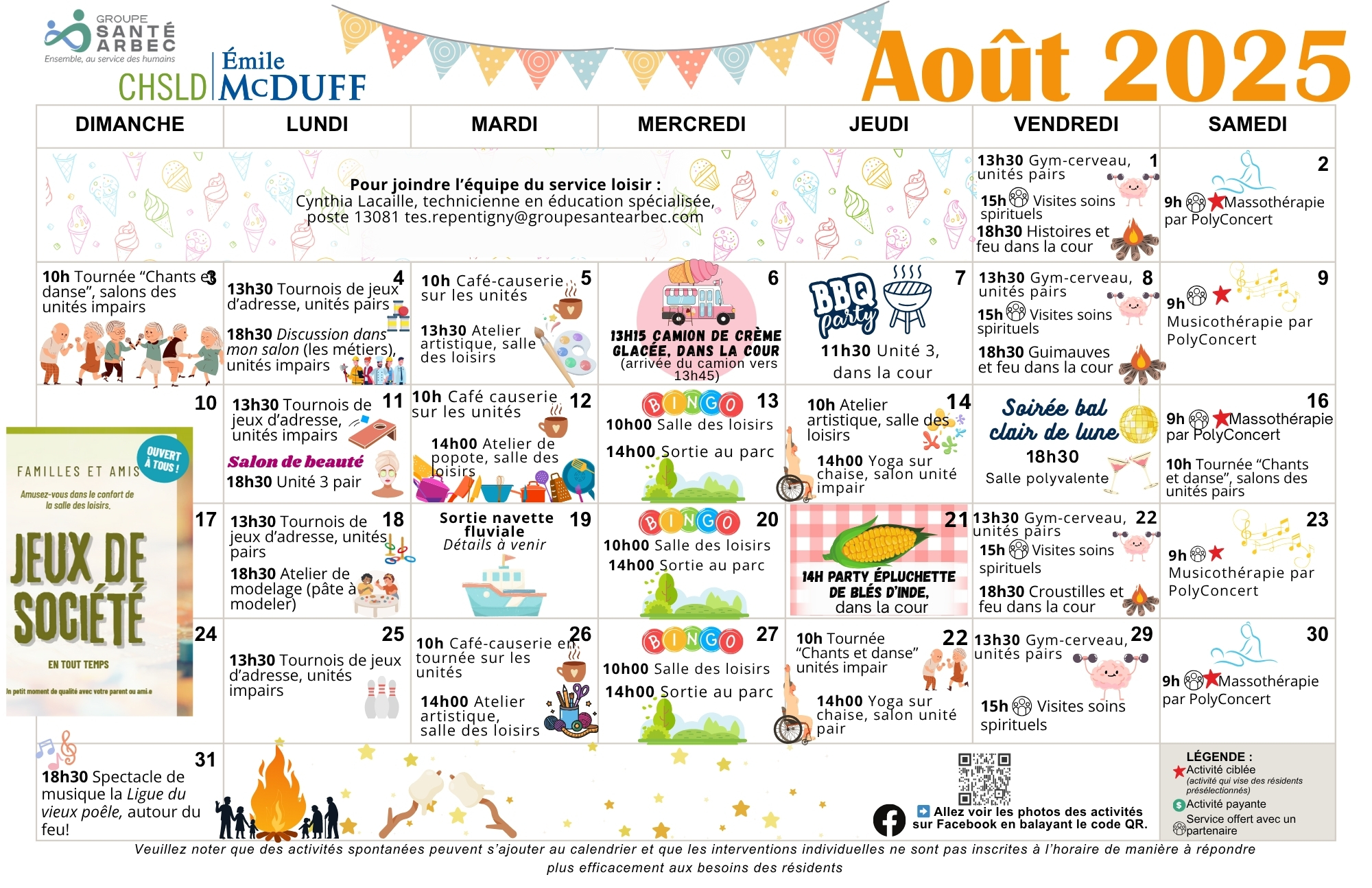 Calendrier des loisirs du mois d'août 2025 pour les résidents du CHSLD Émile McDuff
