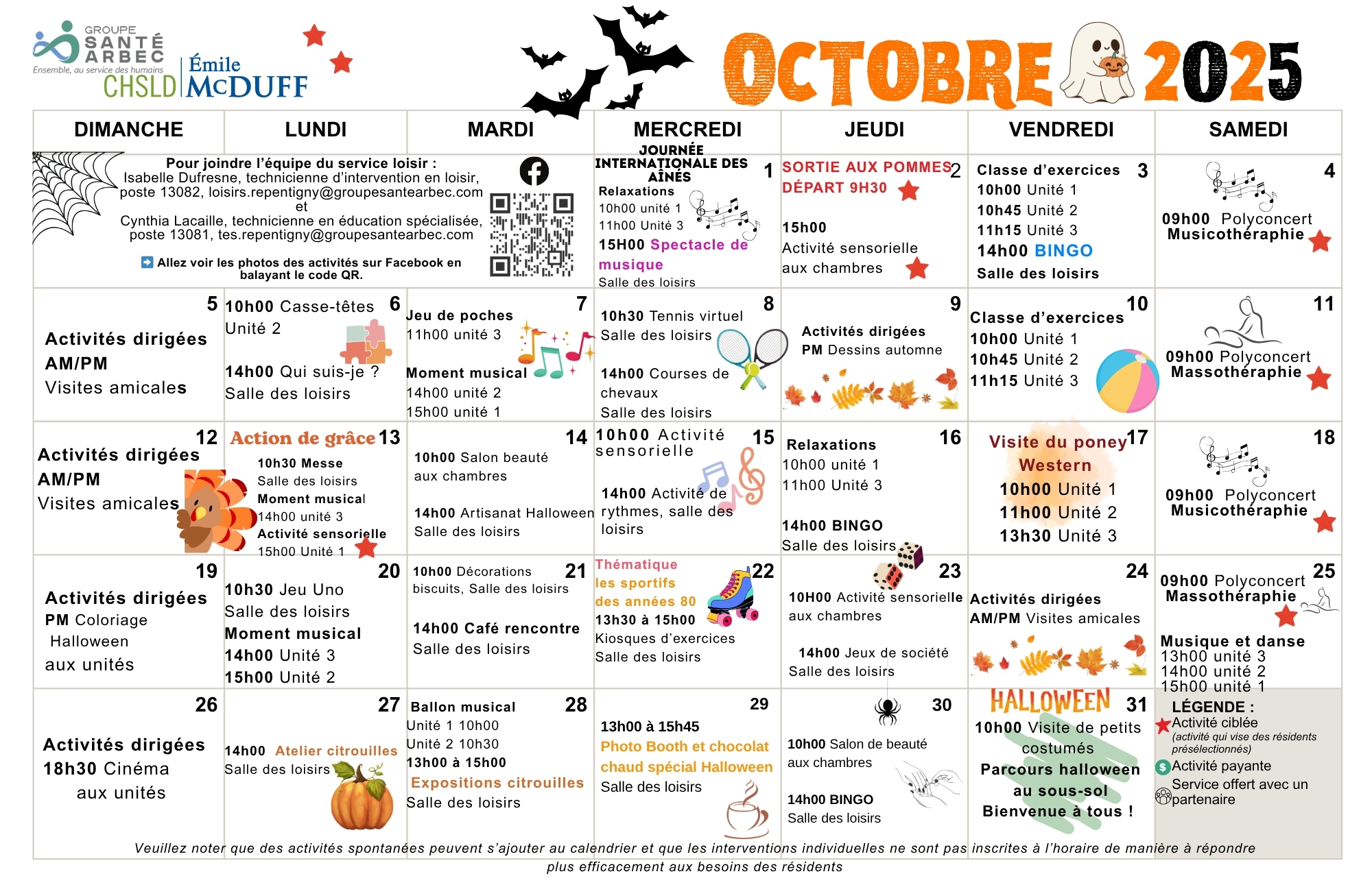 Calendrier des loisirs du mois d'octobre 2025 pour les résidents du CHSLD Émile McDuff