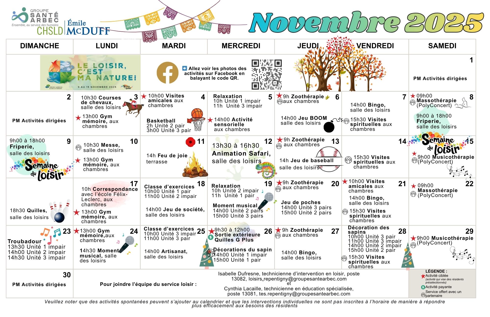 Calendrier des loisirs du mois de novembre 2025 pour les résidents du CHSLD Émile McDuff