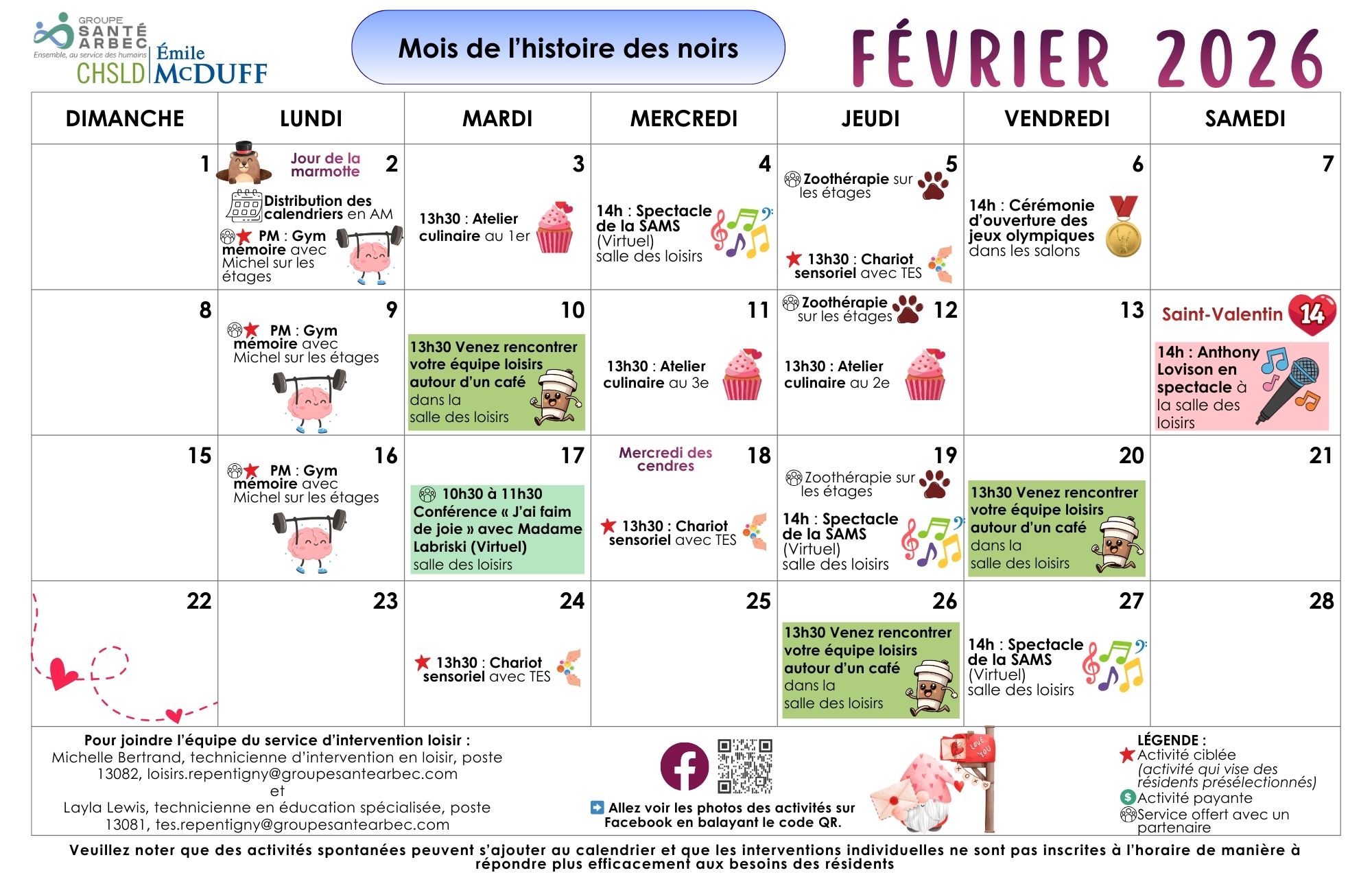 Calendrier des loisirs du mois de février 2026 pour les résidents du CHSLD Émile McDuff