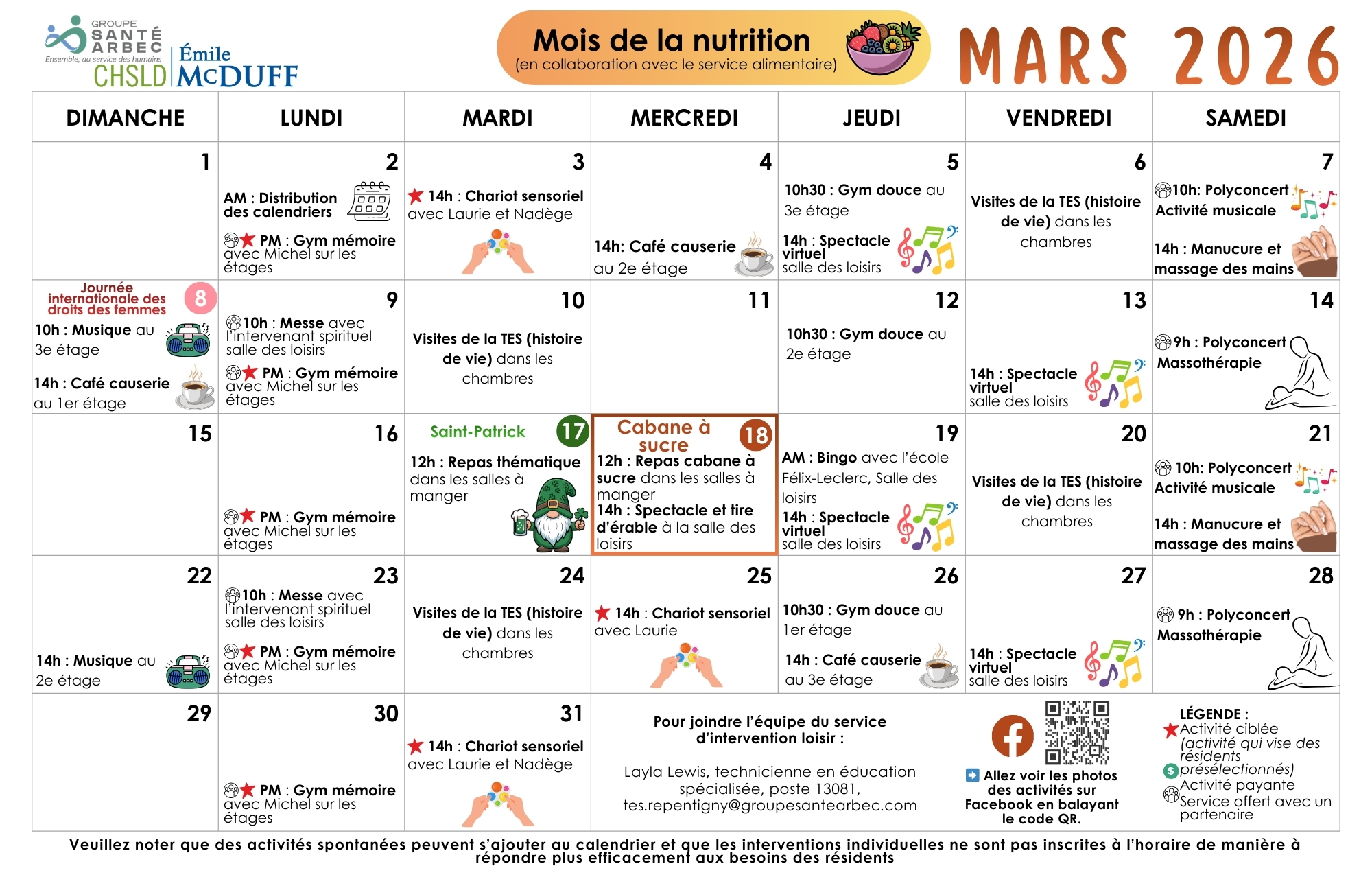 Calendrier des loisirs du mois de mars 2026 pour les résidents du CHSLD Émile McDuff