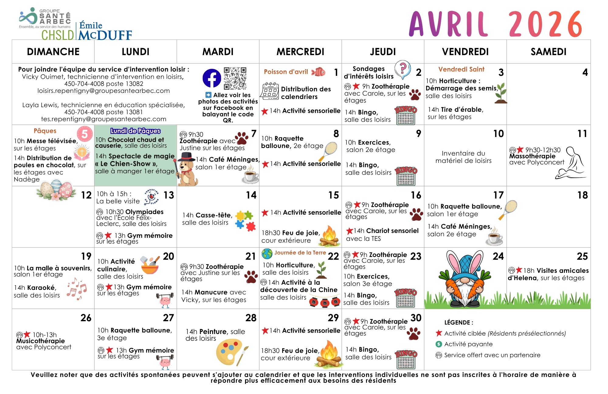 Calendrier des loisirs du mois d'avril 2026 pour les résidents du CHSLD Émile McDuff
