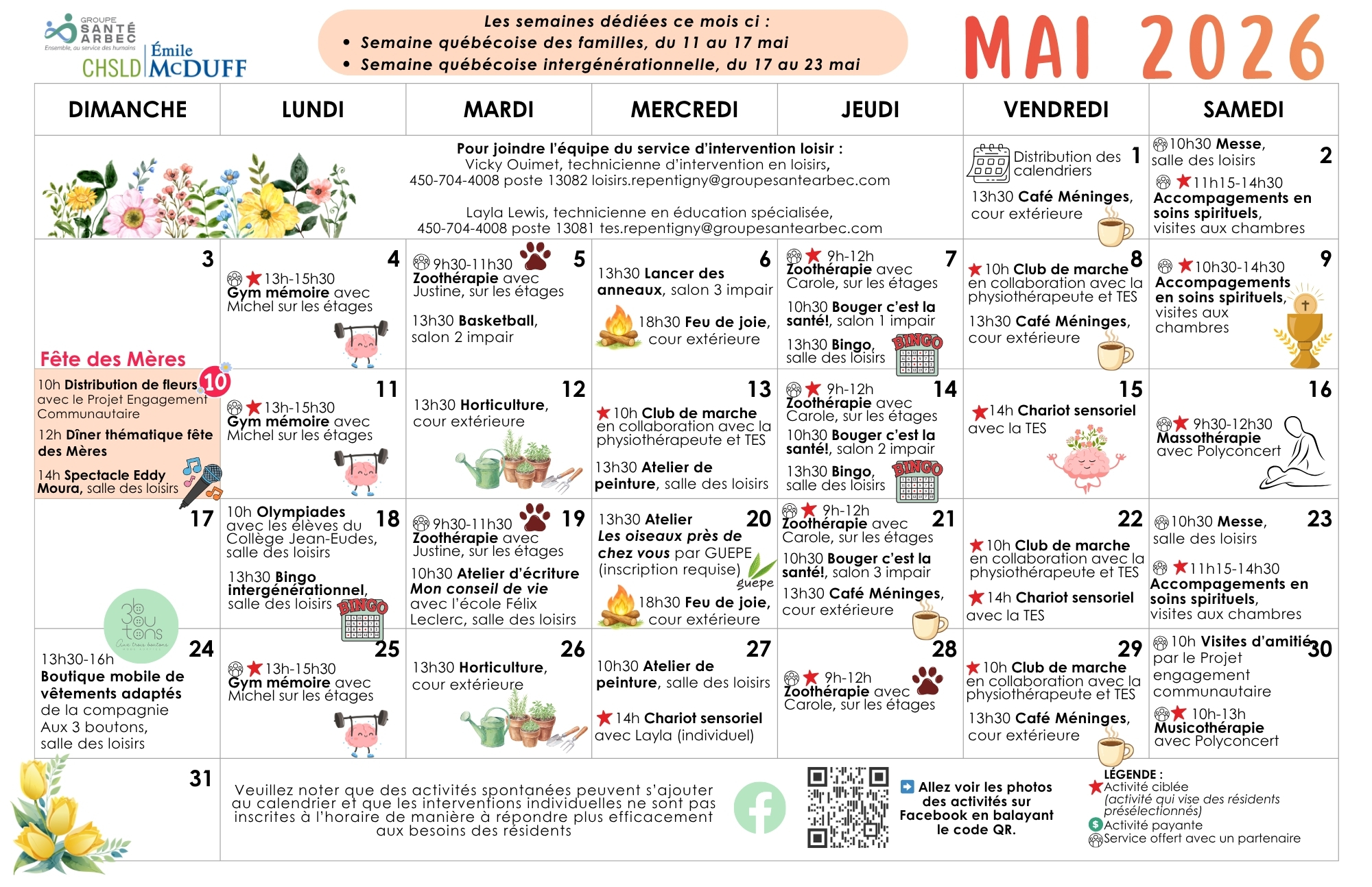 Calendrier des loisirs du mois de mai 2026 pour les résidents du CHSLD Émile McDuff