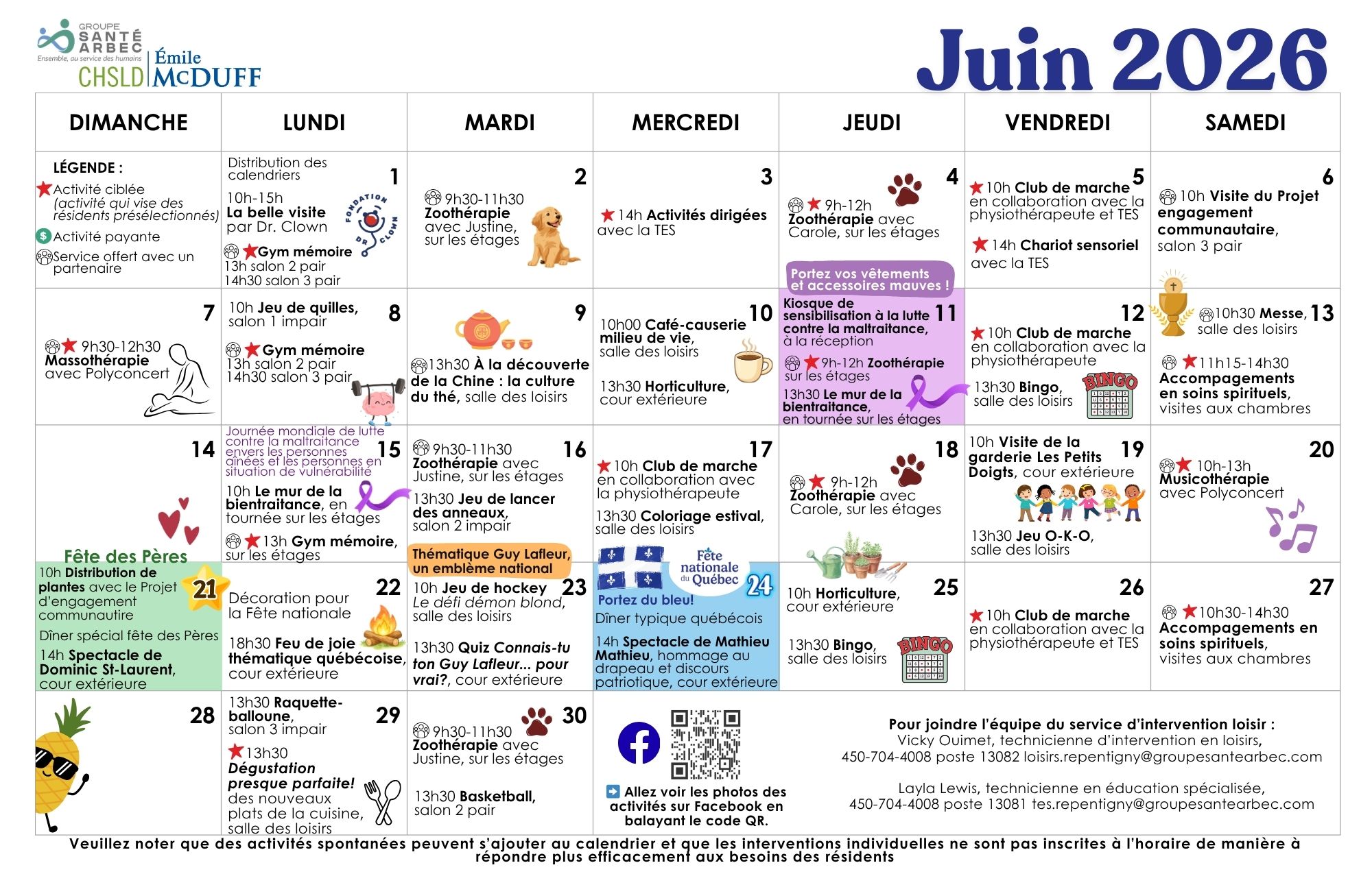 Calendrier des loisirs du mois de juin 2026 pour les résidents du CHSLD Émile McDuff