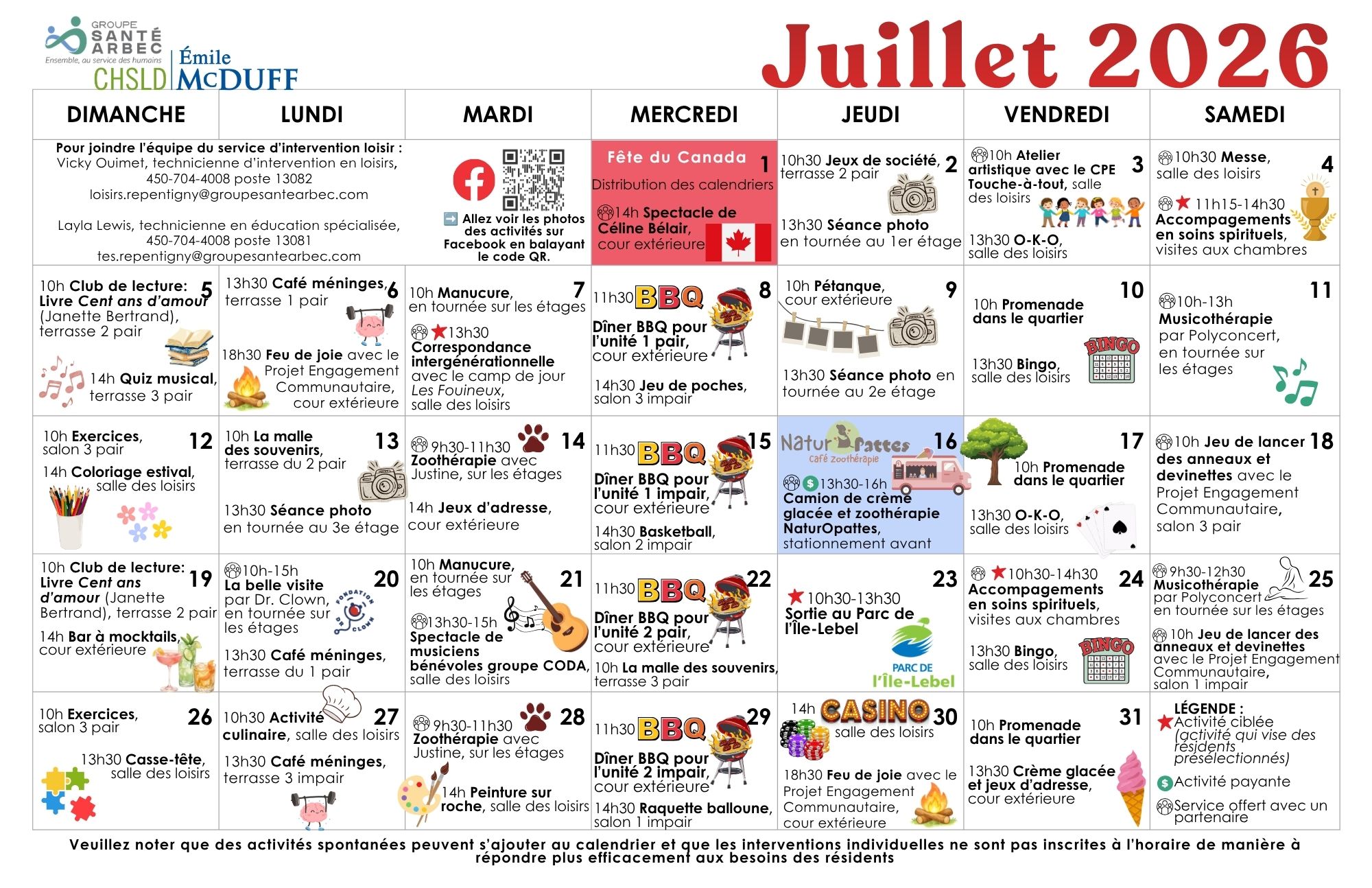 Calendrier des loisirs du mois de juillet 2026 pour les résidents du CHSLD Émile McDuff