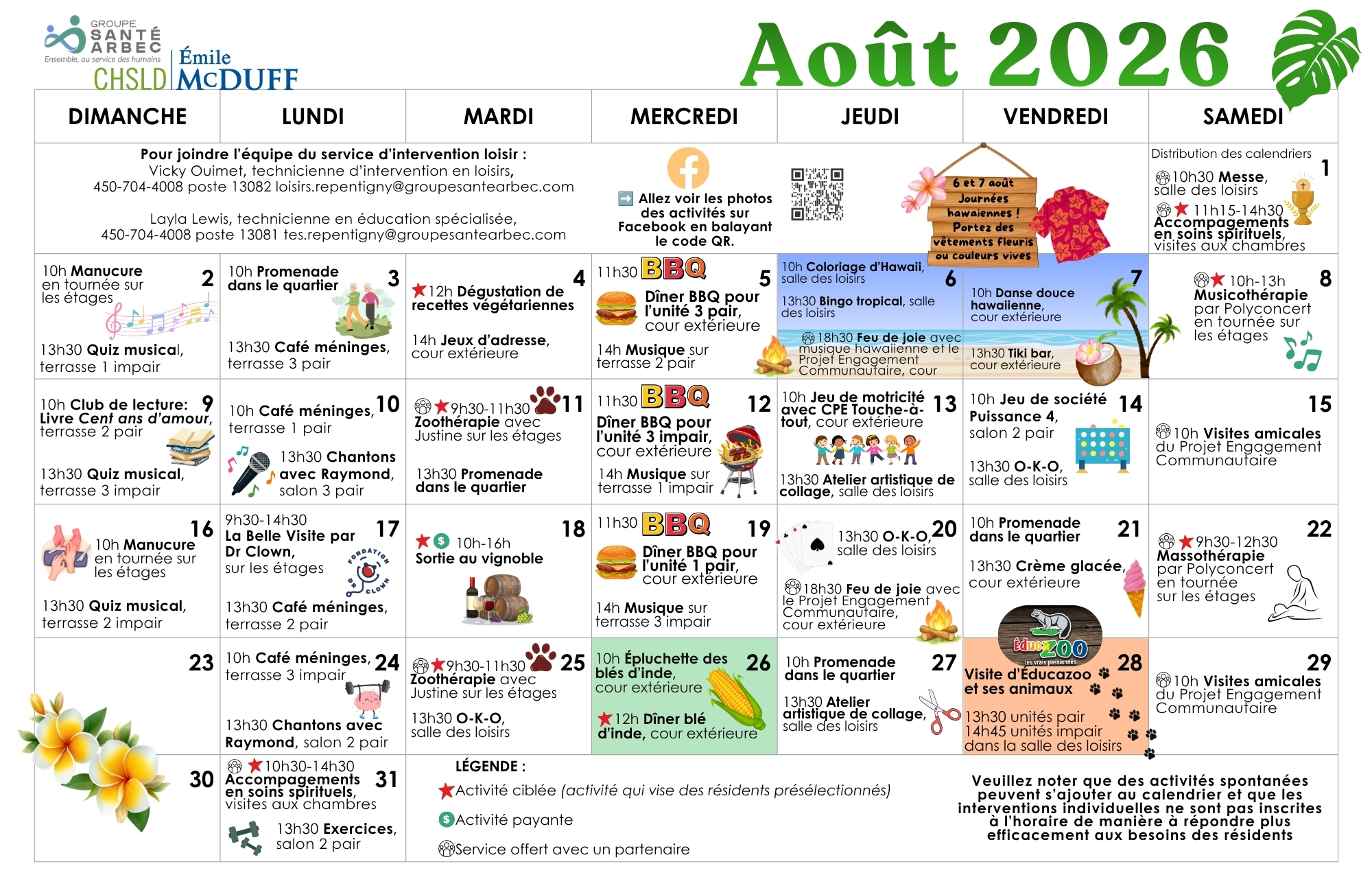 Calendrier des loisirs du mois d'août 2026 pour les résidents du CHSLD Émile McDuff