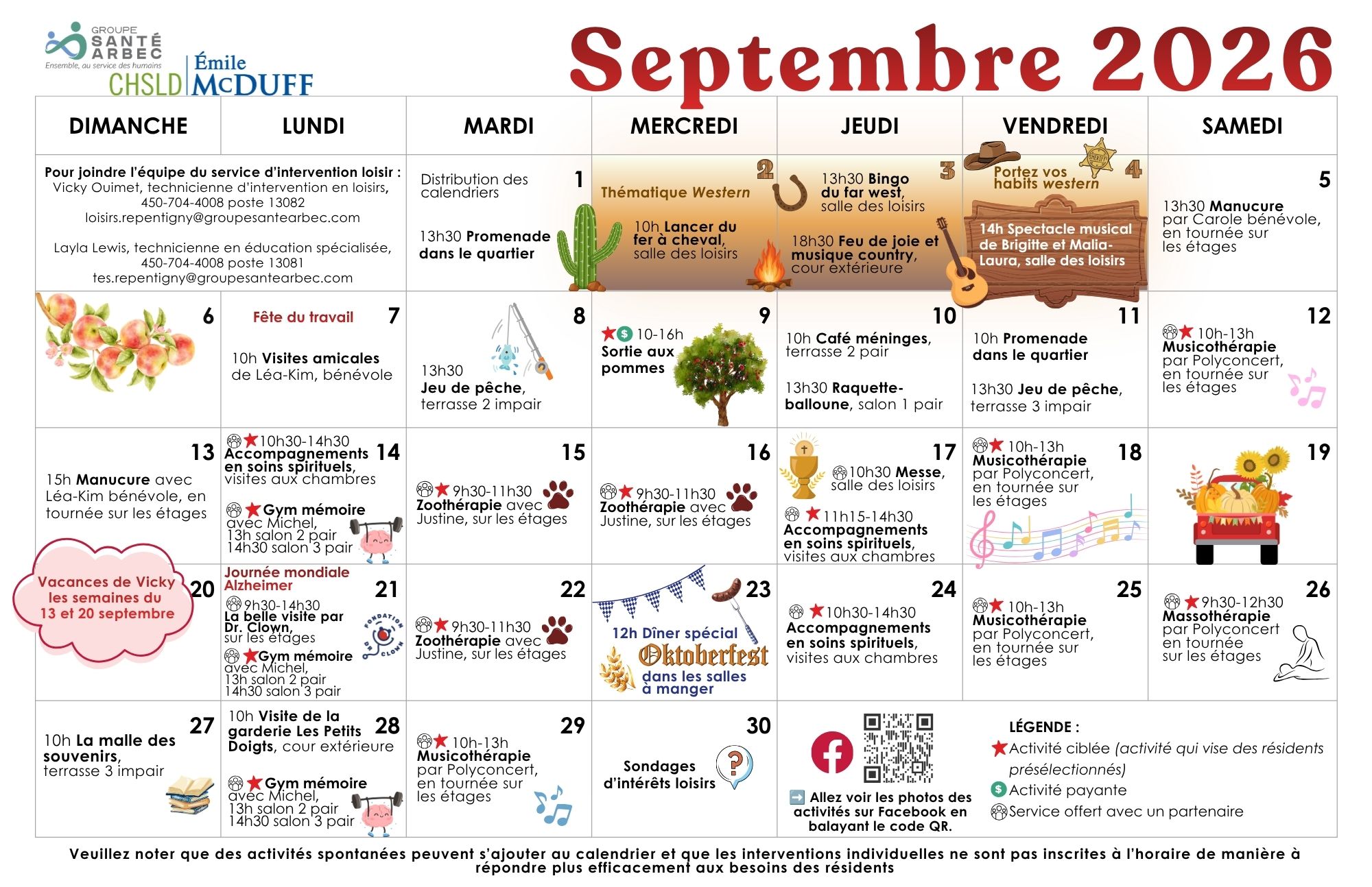 Calendrier des loisirs du mois de septembre 2026 pour les résidents du CHSLD Émile McDuff