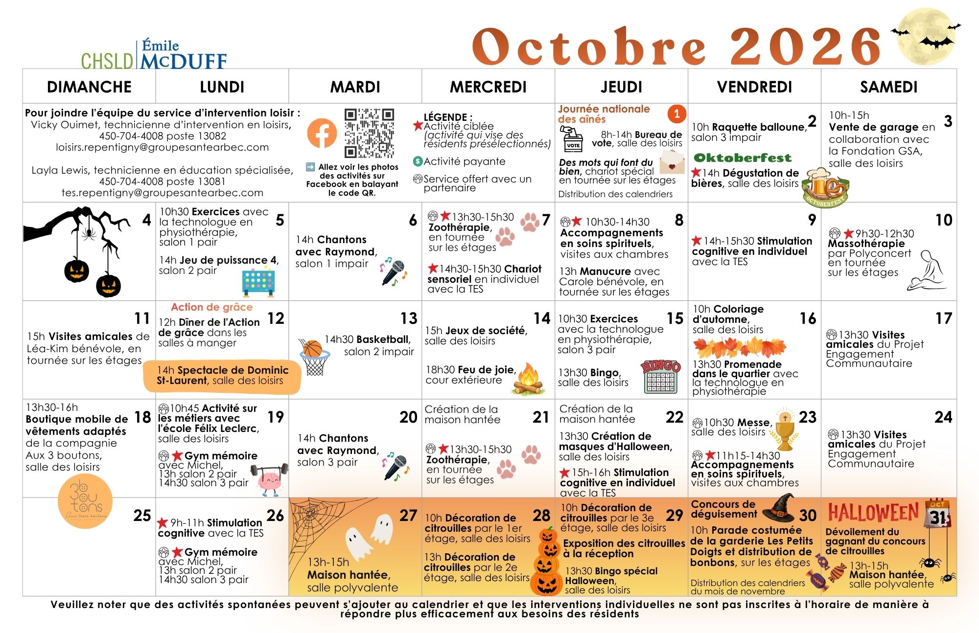 Calendrier des loisirs du mois d'octobre 2026 pour les résidents du CHSLD Émile McDuff